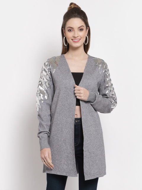 

Mafadeny Women Grey & Silver-Coloured Embellished Longline Shrug