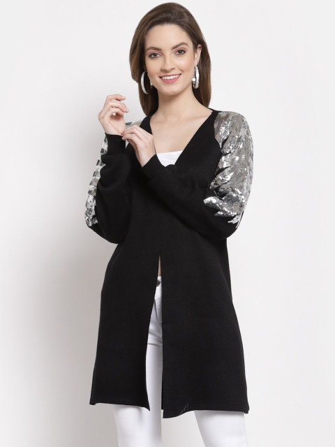 

Mafadeny Women Black & Silver-Coloured Embellished Longline Shrug