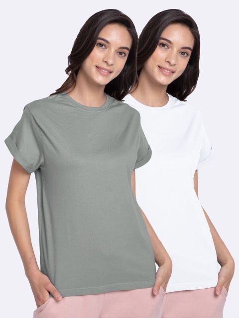 

Bewakoof Women Pack of 2 Grey & White Loose Cotton T-shirts