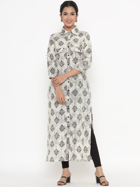 

kipek Women Off White & Grey Ethnic Motifs Printed Cotton Kurta