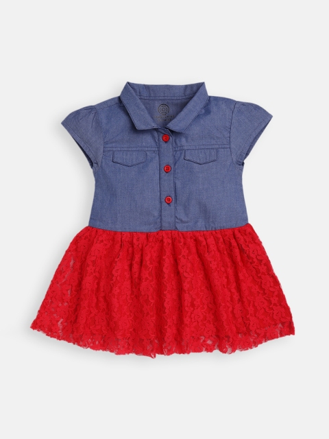 

TAMBOURINE Infant Girls Navy Blue Embellished Colourblocked Pure Cotton Dress