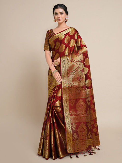 

MIMOSA Maroon & Gold-Toned Ethnic Motifs Zari Art Silk Kanjeevaram Saree