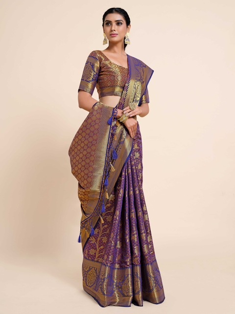 

MIMOSA Navy Blue & Gold-Toned Ethnic Motifs Zari Art Silk Kanjeevaram Saree