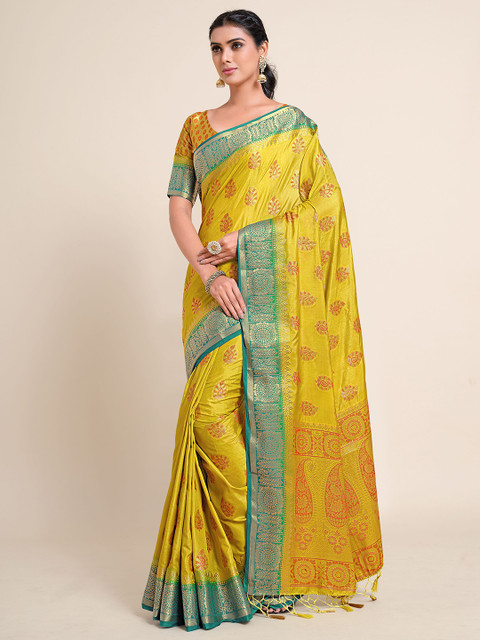

MIMOSA Yellow & Sea Green Ethnic Motifs Zari Art Silk Kanjeevaram Saree