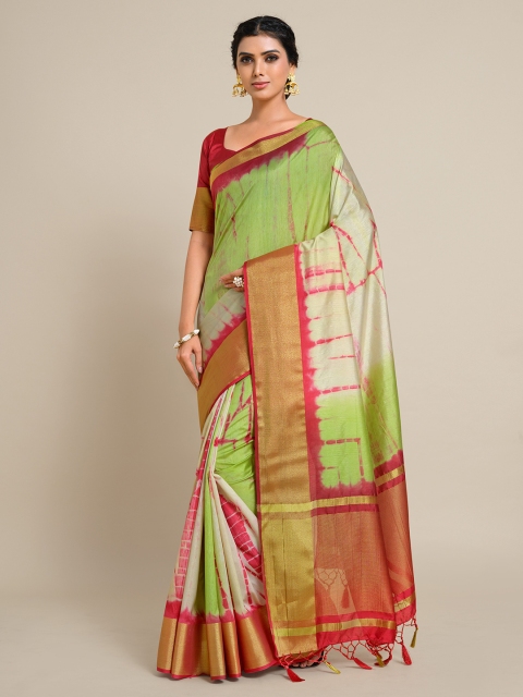 

MIMOSA White & Green Leheriya Zari Art Silk Banarasi Saree