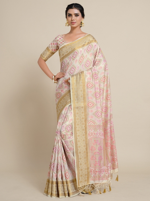 

MIMOSA Off White & Pink Ethnic Motifs Zari Art Silk Kanjeevaram Saree