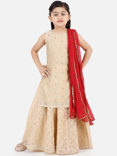 

Ashneeta Girls Beige Ethnic Motifs Embroidered Kurti with Skirt & With Dupatta