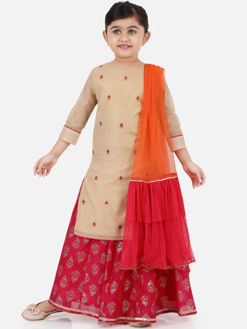 

Ashneeta Girls Beige Floral Embroidered Regular Kurti with Skirt & With Dupatta