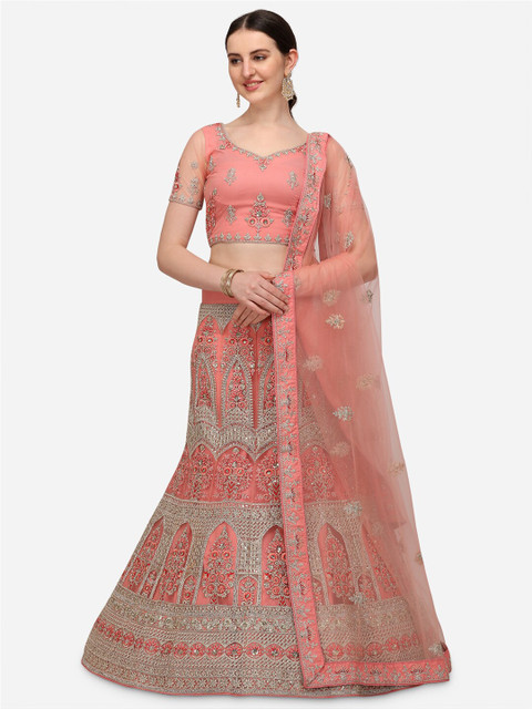 

Netram Pink & Silver-Toned Embroidered Sequinned Semi-Stitched Lehenga & Unstitched Blouse With Dupatta