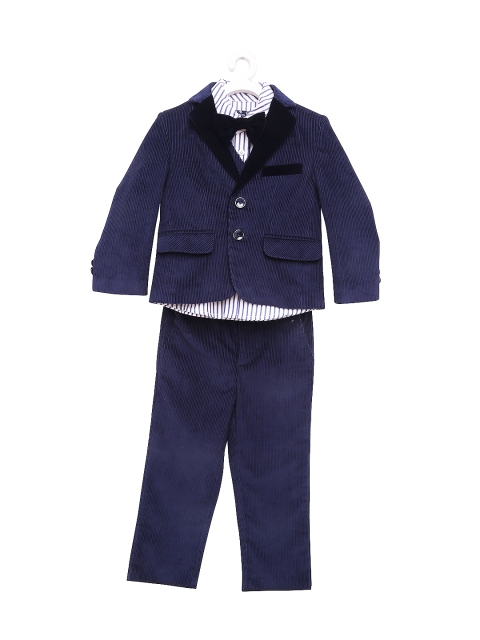 

Nauti Nati Boys Navy Blue & White Striped Pure Cotton 5 Piece Suit Set
