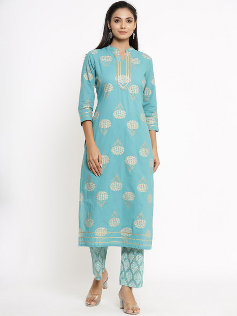 

kipek Women Blue Ethnic Motifs Printed Layered Mirror Work Kurti with Trousers