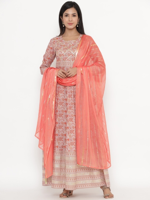 

kipek Women Off White & Peach-Coloured Printed Empire Kurta With Dupatta