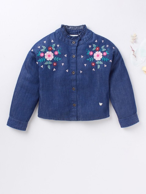 

Ed-a-Mamma Girls Blue & Pink Floral Embroidered Mandarin Collar Shirt Style Top