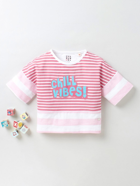 

Ed-a-Mamma Girls Pink & White Striped Round Neck Applique T-shirt