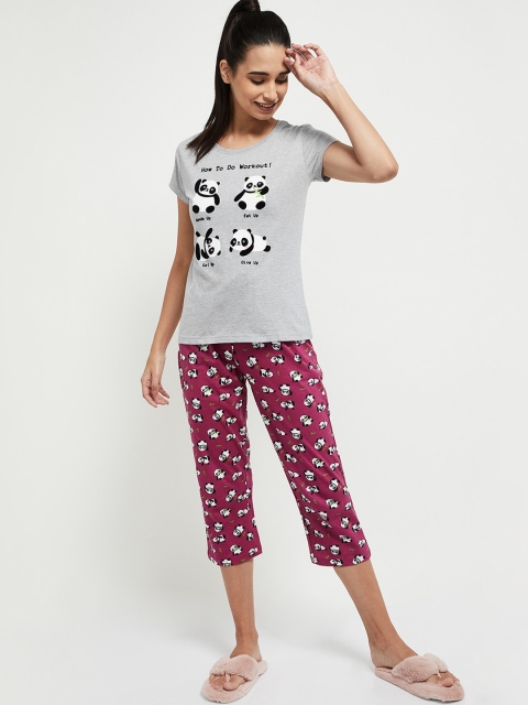 

max Women Grey Melange & Magenta Printed Pure Cotton Night suit