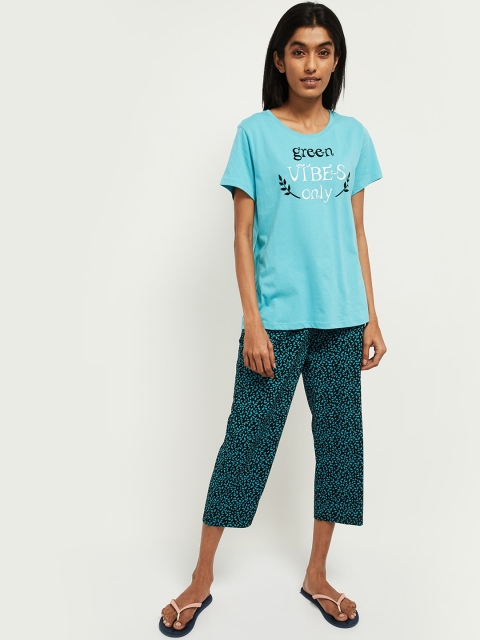 

max Women Blue & Black Printed Pure Cotton Night suit