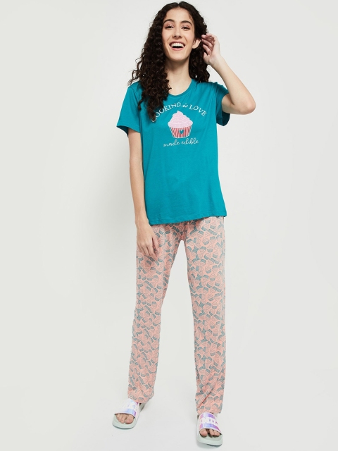 

max Women Teal & Peach-Coloured Printed Pure Cotton Night suit