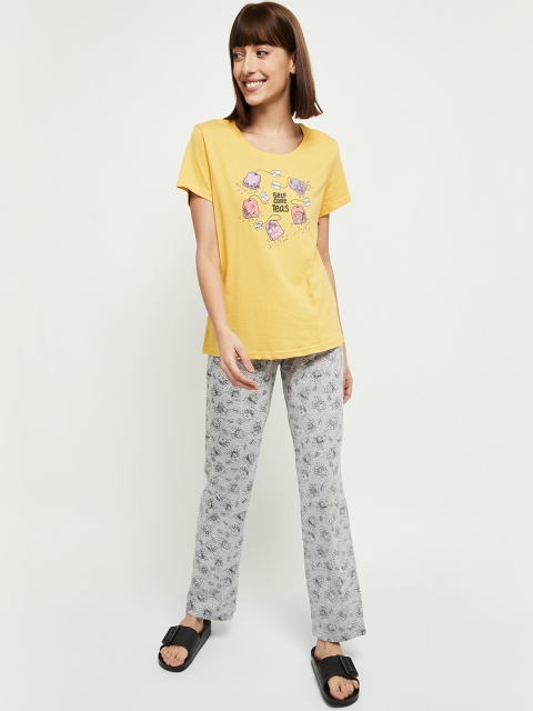 

max Women Yellow & Grey Printed Pure Cotton Night suit