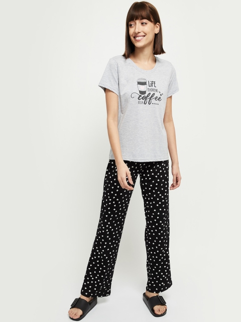 

max Women Grey Melange & Black Printed Pure Cotton Night suit