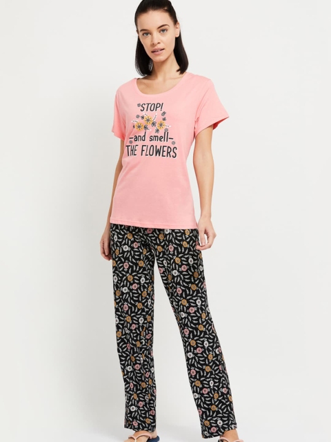 

max Women Pink & Black Printed Pure Cotton Night suit
