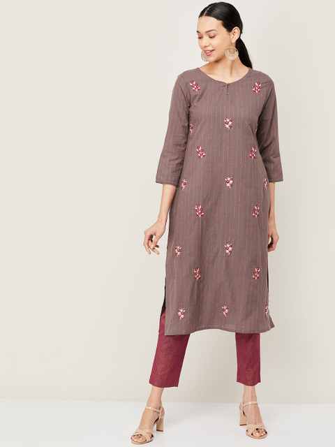 

Melange by Lifestyle Women Taupe Floral Embroidered Kurta