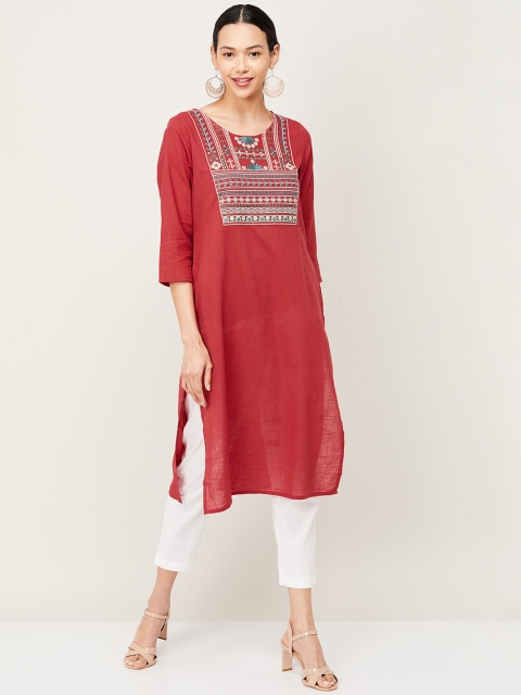 

Melange by Lifestyle Women Red Ethnic Motifs Keyhole Neck Thread Work Kurta