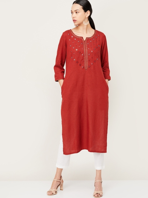 

Melange by Lifestyle Women Rust Yoke Design Keyhole Neck Kurta
