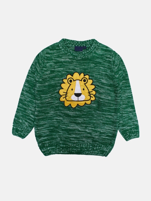 

CHIMPRALA Kids Green & Yellow Tiger Woolen Pullover With Applique