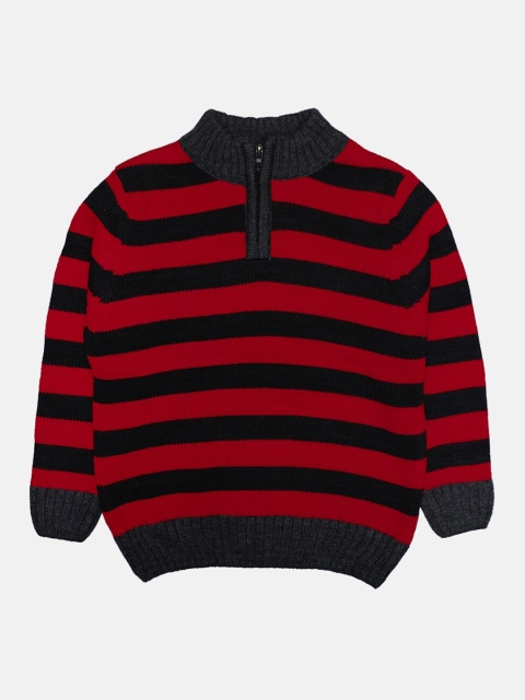 

CHIMPRALA Kids Red & Black Striped Woolen Pullover With Zip Detailing