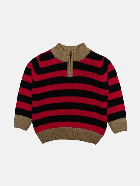

CHIMPRALA Kids Red & Brown Striped Woolen Pullover With Zip Detail