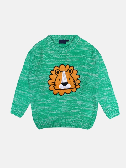 

CHIMPRALA Kids Green & Yellow Tiger Woolen Pullover With Applique Detailing