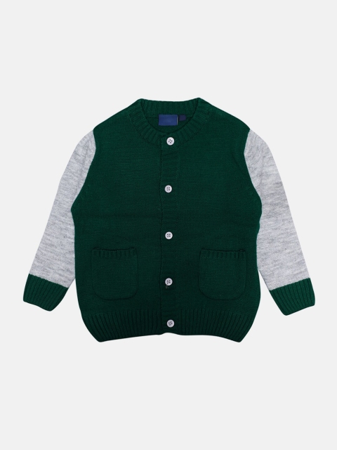 

CHIMPRALA Kids Green & Grey Colourblocked Woolen Cardigan With Button Detailing