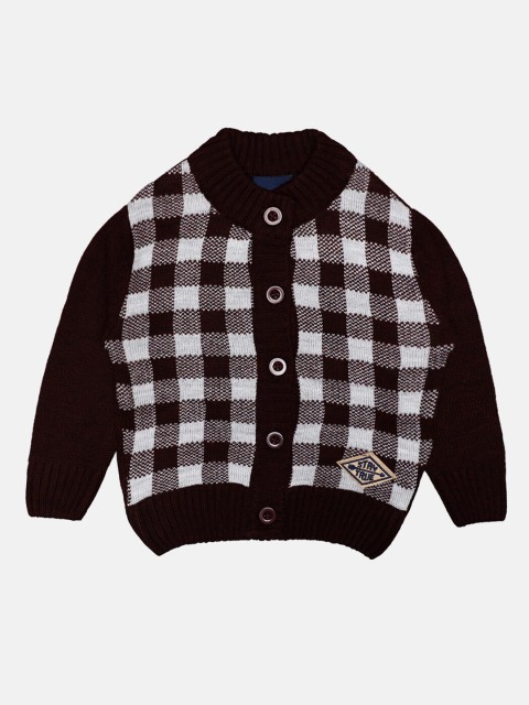 

CHIMPRALA Kids Maroon & White Checked Woolen Cardigan With Button Detailing