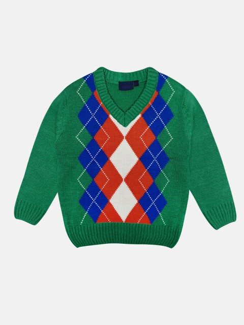 

CHIMPRALA Kids Green & White Geometric Printed Woolen Pullover