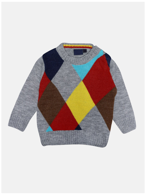 

CHIMPRALA Kids Grey & Maroon Geometric Printed Woolen Pullover
