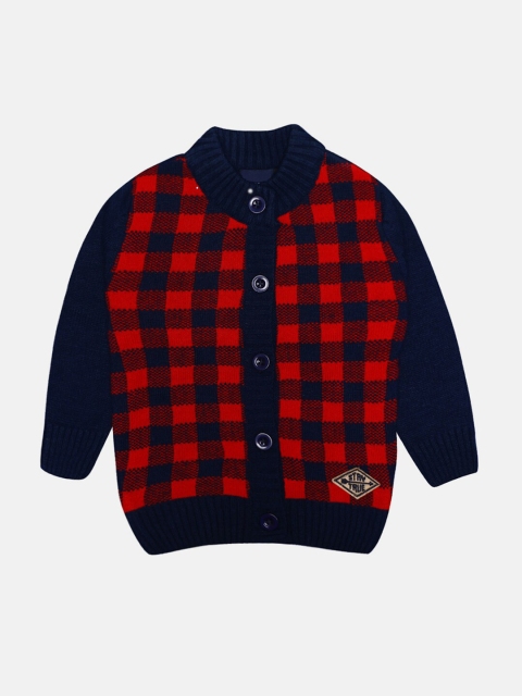 

CHIMPRALA Kids Red & Navy Blue Checked Woolen Cardigan