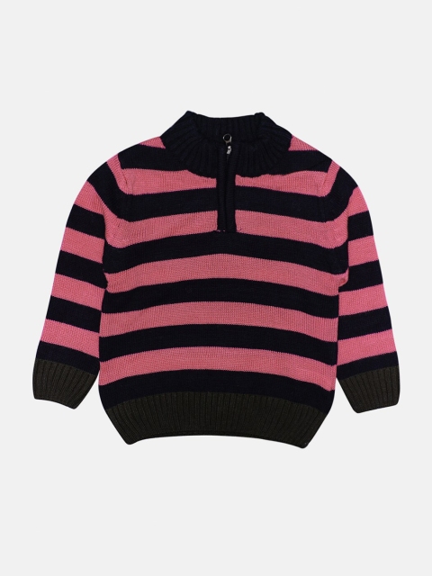

CHIMPRALA Kids Pink & Black Striped Woolen Pullover With Zip Detailing