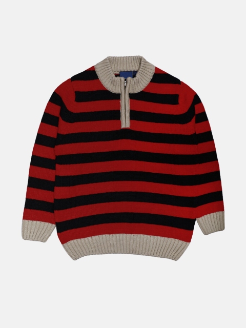 

CHIMPRALA Kids Red & Off White Striped Woolen Pullover With Zip Detailing