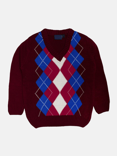 

CHIMPRALA Kids Maroon & Blue Geometric Printed Woolen Pullover