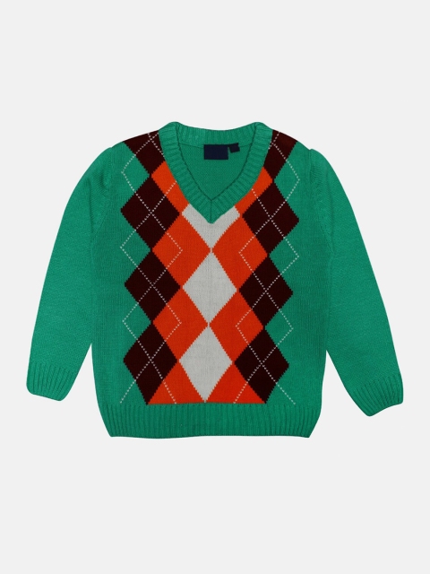 

CHIMPRALA Kids Green & Brown Geometric Printed Woolen Pullover