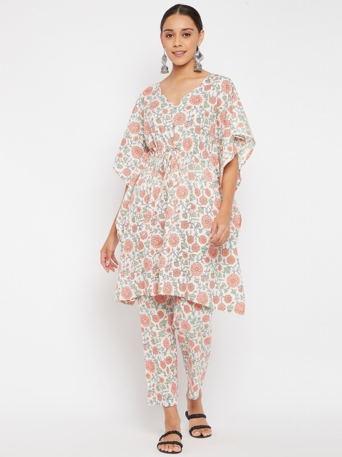 

PANIT Women Off White & Pink Printed Pure Cotton Kaftan Kurta With Trousers