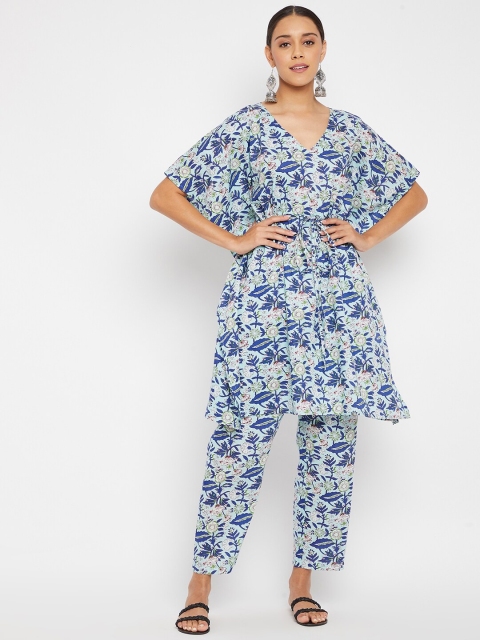 

PANIT Women Blue & White Printed Pure Cotton Kaftan Kurta With Trousers
