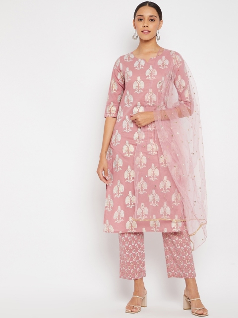 

PANIT Women Pink & Off White Ethnic Motifs Printed Kurta with Trousers & Dupatta