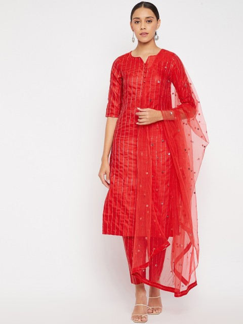 

PANIT Women Red Embellished & Striped Kurta with Trousers & Dupatta