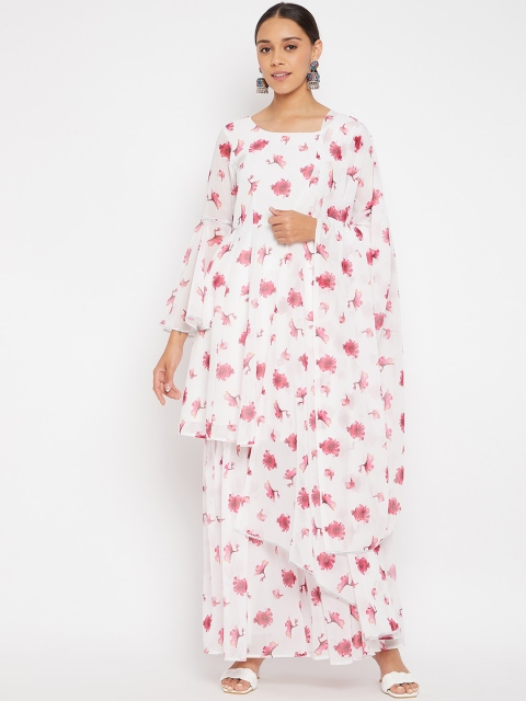 

PANIT Women White & Pink Floral Printed Georgette Empire Kurta with Palazzo & With Dupatta