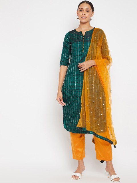 

PANIT Women Green & Mustard Embellished & Striped Kurta with Trousers & Dupatta