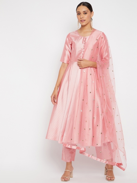 

PANIT Rose Gold-Toned Embellished & Woven Designed Anarkali Kurta with Trousers & Dupatta