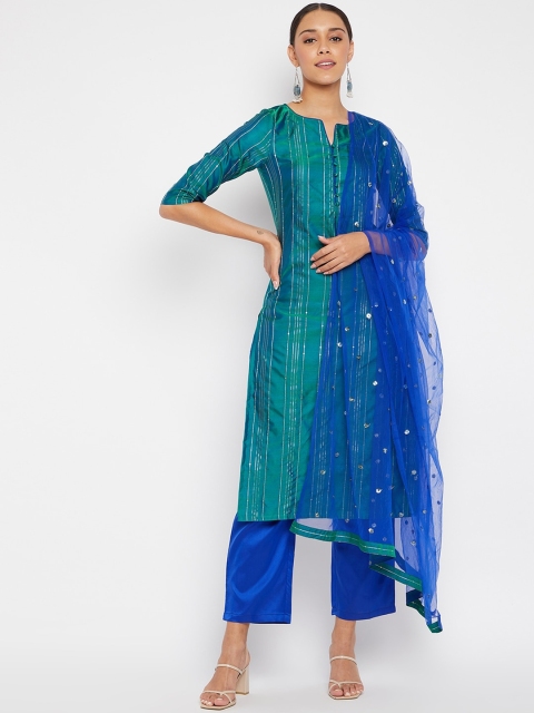 

PANIT Women Green & Blue Embellished & Striped Kurta with Trousers & Dupatta