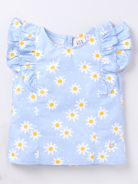 

Ed-a-Mamma Girls Blue & White Floral Printed Pure Cotton Sustainable Regular Top