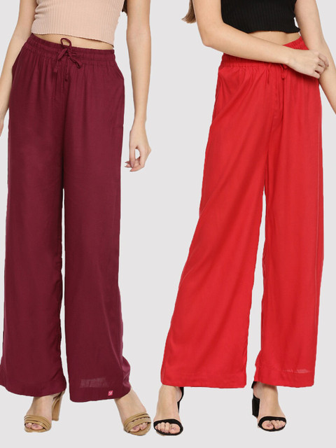 

TWIN BIRDS Women Pack Of 2 Burgundy & Red Palazzos